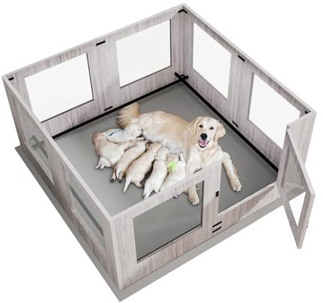 BingoPaw Wurfkiste für Hunde Welpenauslauf: Schwerlast Hundelaufstall für Wohnung aus Gehärtetem Glas, Welpenlaufstall 60 cm hoch, Holz Welpenbox XXL mit wasserdichte Bodenmatte 120x118x60 cm