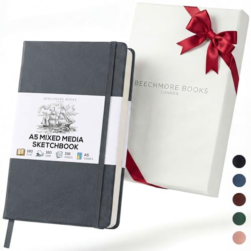 BEECHMORE BOOKS Skizzenbuch A5 (14,8 x 21) – Hardcover aus Veganleder, 156 Seiten 160 g/m² | Perforiert, Lay-Flat, Geschenkbox, Skizzenblock für Zeichnen, Malen, Mixed Media