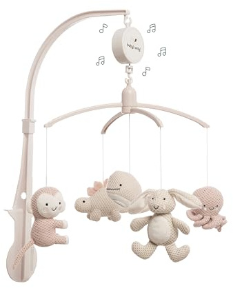 Baby's Only - Giostrina musicale Animali per bebè - Con figure lavorate a maglia - Carillon con musica - Giostrina per bebè con musica - Per maschietti e femminucce - Old Pink/Warm Linen