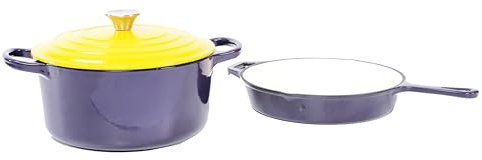 Geaux Cook 3 Piece Purple & Gold Enamel Coated Cast Iron Cookware Set, 4 Qt Dutch Oven, 10 Skillet, Lid fits Both Dutch Oven and Skillet