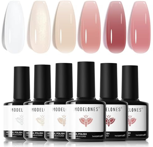 Modelones Vernis Semi Permanent,Vernis Gel UV Semi Permanent Kit Blanc Nude Rose Transparent 6 Couleur Vernis à Ongles Semi Permanent Soak Off Gel Polish French Manucure Adapté au Été Fête