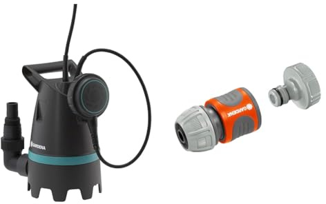 Gardena Schmutzwasser-Tauchpumpe 9200 Basic & Pumpen-Anschlusssatz: Schlauchkupplung zum schnellen Anschluss von 13 mm (1/2 Zoll)-Schläuchen an Pumpen mit 33,3 mm (G 1 Zoll)-Außengewinde (1750-20)