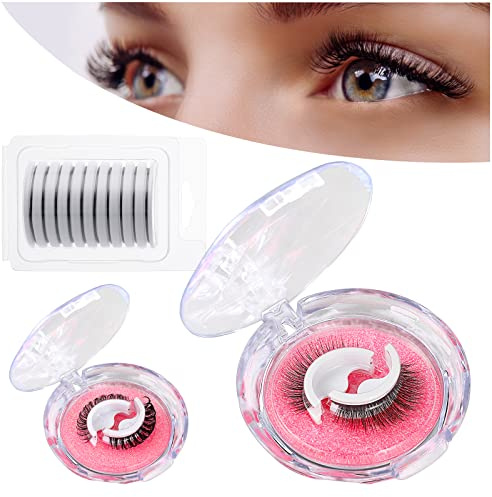 Pre Glued Eyelashes 2 Pairs – Individually Packed Self Adhesive Strip Lashes (C Curl Natural & D Curl Voluminous), Reusable False Eyelashes with 12 Spare Adhesive Strips, No Glue Needed