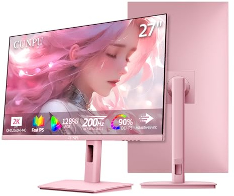 CUNPU - 27 Pastel Pink QHD 2560 x 1440 Gaming Monitor, 180Hz, 1ms, GTG Fast IPS Monitor, 90% DCI-P3, Adaptive Sync, Built-in Speaker, Swivel Height