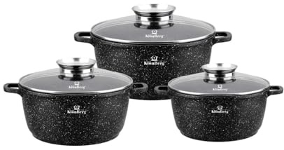 Klönberg Induktions-Topfset, Aluguss-Topf mit Antihaftbeschichtung, Topfset mit Glasdeckel für alle Herdarten, auch Induktionsherde (Schwarz, 6 tlg)