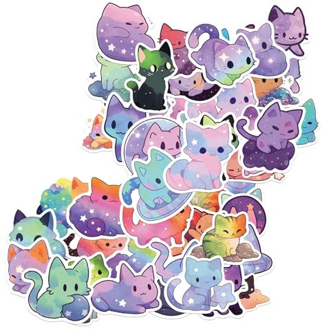 Amaxiu Pack de 50 Pegatinas Kawaii de Gatos de Cielo Estrellado, Stickers de Gatos de Animales Lindos, Estéticas Pegatinas de Vinilo Impermeables para Computadora, Laptop, Scrapbook, Diarios