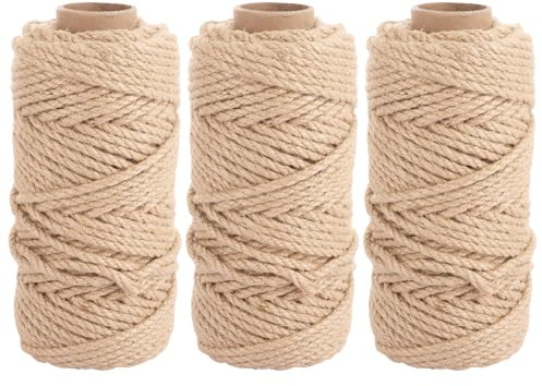 YAYODS 3 rotoli di corda di iuta naturale, 5 mm x 50 m, corda di canapa spessa per imballaggio, tiragraffi per gatti, artigianato, fai da te