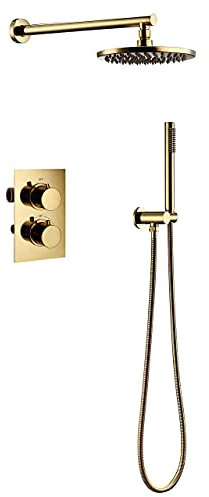 chandelier Shower System Thermostatic Set, Modern Brass Gold Shower Faucet System Mixer Set Concealed Faucet Mixing Valve Shower System Set with Shower Head and chandelier
