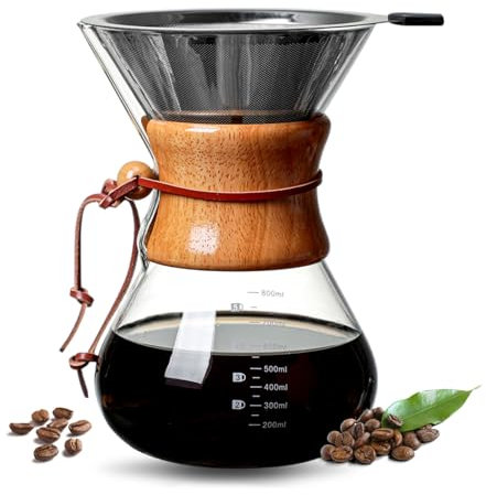 MIATTCLD Pour Over - Caffettiera in vetro borosilicato da 800 ml, con filtro in acciaio inox a doppio strato, per casa, caffè, ufficio, campeggio e ristorante