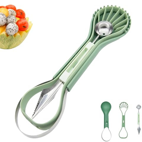 Kybelehoo 6 in 1 Obst Löffel Cutter Set,3-Piece-Set Melon Baller Spoon,Kombination aus Zweiköpfigen Kugelausstecher für das Ausbohren von Fruchtkugeln und das Gravieren auf Früchten Genutzt Wird