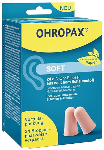 OHROPAX Morbidi tappi per le orecchie, in schiuma morbida, valore di isolamento acustico SNR 31 dB, per rilassarsi, dormire e lavorare, confezione da 24 pezzi