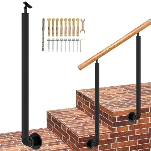 Lonmrrton Industrial Wrought Iron Handrail for Outdoor Steps Side-Mounted Banister Column for Exterior Garden Porch Deck Railing Single Post with Installation Kit(100cm(39.4in))