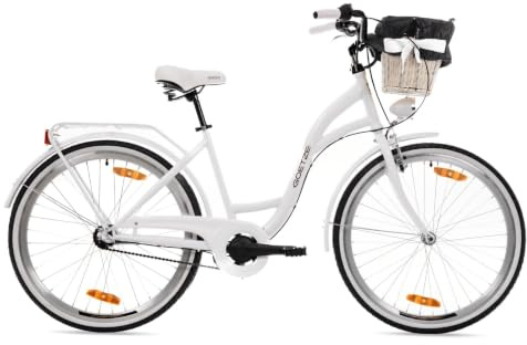 Goetze Style 26 Zoll ALU Damen Citybike Komfort-Fahrrad mit 3-Gang | 17 Zoll Aluminium Tiefeinsteiger, 14 kg, Rücktrittbremse & V-Brake, LED-Licht, Rattankorb, Gepäckträger & Ständer