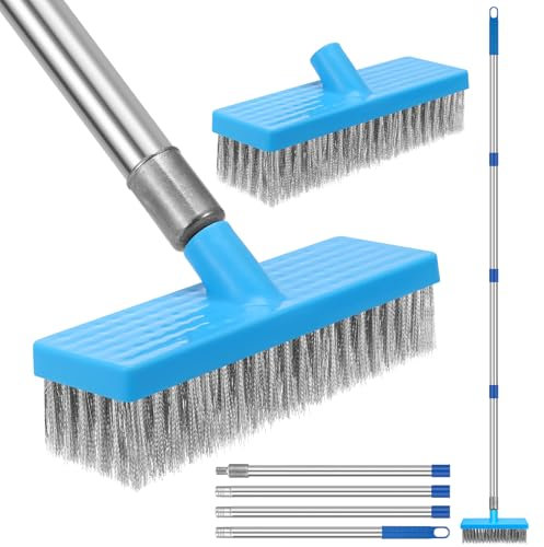Lot de 2 brosses robustes en fil d'acier inoxydable avec 4 poteaux amovibles de 160 cm de long et 4 brosses à récurer en métal rigide pour sol en béton, terrasse