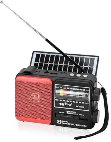 Radio FM Am SW portátil con Bluetooth, Panel Solar y antorcha, Reproductor de MP3 USB/TF, batería Recargable - Radio Digital con batería para casa y al Aire Libre (BT Solar, Rojo)