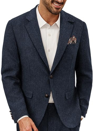 PJ PAUL JONES Mens Vintage Tweed Blazer Regular Fit Wool Herringbone Blazers Casual Two Button Suit Jackets Navy Blue