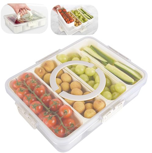 EMCHI Snackle Box Container, 4 Compartment Divided Serving Tray With Lid | Travel Snack Container, Veggie Tray With Lid For Fridge, Multipurpose Storage Box, For Picnic, Party, Travel