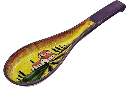 Cleminson Hand-Painted Spanish Ceramic Spoon Rest | Tuscan Farmhouse or Picasso Style Design | Cooking Holder for Spatulas, Spoons, Tongs, Ladles | Tea Bag Dish (Tuscan Farmhouse Lilac Theme)