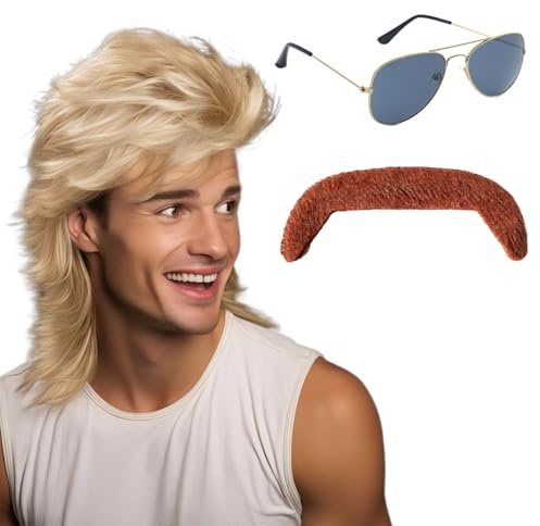 80er Jahre Outfit Herren 3er Set,Kostüm 80er Jahre, Herren 80er Jahre Vokuhila Perücke Hellblond,Stylische Sonnenbrille,brauner Bart,70er 80er Männer Perücke Cosplay Kostüm Halloween Karneval