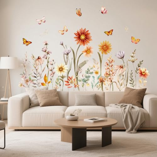 Adesivi Murali Giardino Fiori Adesivi Murali in Stile Boho 90x30cm Autoadesivo della Parete della Fiore Farfalla Floreali Piante Autunnali Decorazione Murale per Camera da Letto Soggiorno