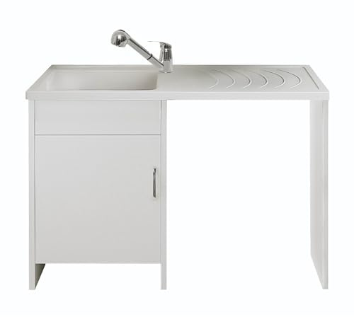 SIGO - Home Waschtisch-Set, mit Armatur, mit ausziehbarem Auslauf, Polypropylen-Waschtisch, mit Waschmaschine, 109 x 88,5 x 60 cm, Farbe: Weiß