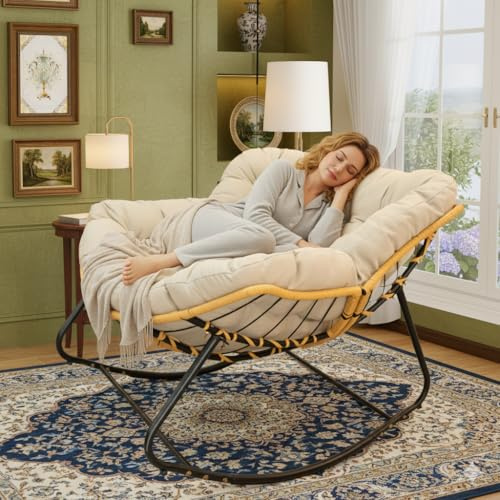 Hanuq Outdoor Rocking Chair, Patio Egg Rocking Chair, Indoor Papasan Chair, Rattan Wicker Lounge Chair, Modern Royal Chair for Bedroom, Living Room, Porch, Garden,Lawn-Beige (Beige)