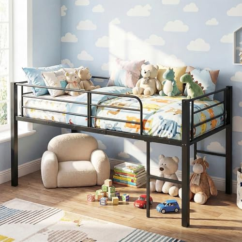 COSTWAY Lit Mezzanine 90 x 190 cm, Lit Enfant avec Échelles, Cadre de Lit en Métal, Barrières de Sécurité, Lattes Métalliques Robustes, Gain de Place, Capacité 220 kg, pour Chambre à Coucher (Noir)