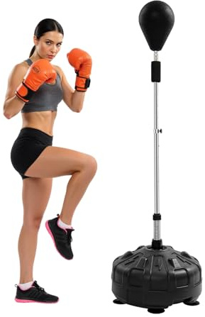 Sac de Frappe sur Pied, Punching Ball Réglable Hauteur 120-160 cm, Rebond Rapide 90°, Base Lestée Stable, Équipement Boxe pour Adultes et Ados, Réflexes et Fitness à Domicile