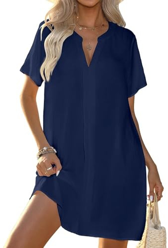 Enqoole Damen Strandkleid V-Ausschnitt Bikini Cover Up Kurzarm Sommerkleid | Locker Strandponcho, Casual Beachwear