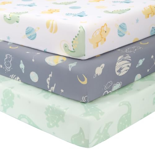 Fiemol Sábanas Bajeras Cuna 140x70 cm, Juego de 3 Sábanas para Cuna de Bebé, con Esquinas Elásticas, Microfibra Ultra Suave y Sedosa, Planeta Dinosaurio Verde