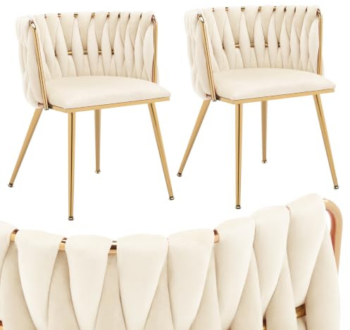 FurniSoar Esszimmerstühle 2er Set mit Armlehne, Handstricken Polsterstuhl Küchenstuhl aus Samt und Goldenen Beinen, Armlehnstühle für Esszimmer, Küche und Wohnzimmer, Beige