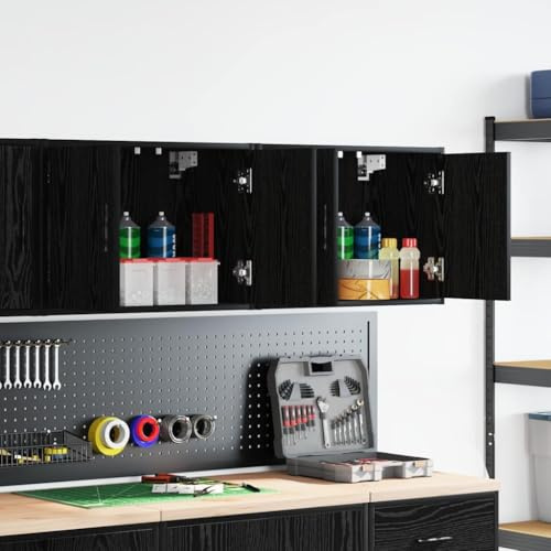 Kaloriko garageväggskåp, 2 st, svart, trämaterial, 60 x 30 x 41 cm, med vingdörrsskåp för verkstad och lager, robust materialskåp med hylla för förvaring av verktyg och tillbehör