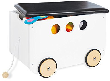 Pinolino Spielzeugkiste Jim, aus Holz und Kunstleder, mit Zugschnur und gummierten Holzrädern, Deckel abnehmbar, ab 3 J., weiß lackiert/Kunstleder schwarz