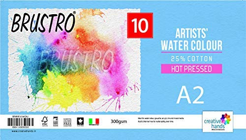 BRUSTRO Künstler-Aquarellpapier, 25 % Baumwolle, heißgepresst, 300 g/m², Größe – A2, 10 Blatt, ideal für Aquarell, Acryl, Gouache, Kohle, Graphit, Tinte und andere gemischte Medien