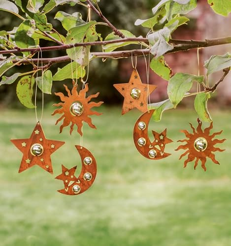 Dekoleidenschaft 6 Deko-Hänger Sonne, Mond und Sterne aus Metall in Rost-Optik, Türdeko, Wandhänger, Fensterdekoration für Drinnen & Draußen, Gartendeko zum Aufhängen an Zweigen & Ästen