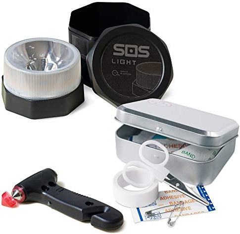 GEMCORE s.o.s. light baliza luminosa V16 + MARTILLO Emergencia: rompeventanas+cortador cinturón + regalo, CAJA KIT PRIMEROS AUXILIOS