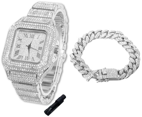 Halukakah Diamanten Gold Uhr Iced Out für Jungen - 18K Echtgold/Platin Platiniert,40mm Quadrat Zifferblatt,Japanisches Quarzwerk - 20cm Länge - Optional mit Cuban Gliederkette,mit Anpassungswerkzeug