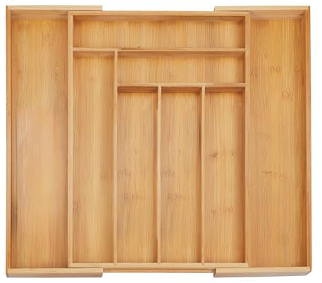 Relaxdays Besteckkasten Bambus, ausziehbar, HBT: 5 x 32,5-52 x 45,5 cm, Schubladeneinsatz Küche, Besteckeinsatz, natur