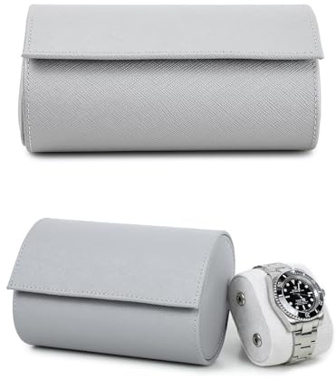 Hiram Estuche de Reloj de Cuero para 2 Relojes Estuche de Transporte de Reloj de Viaje de Cuero Saffiano Genuino (gris)