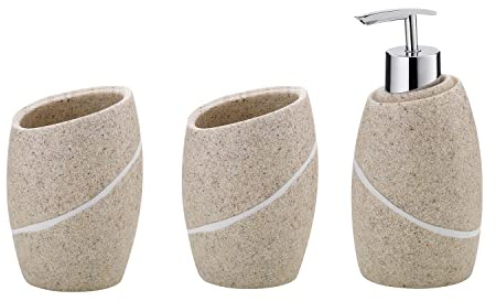 kela Ensemble de Salle de Bain 3 pièces Talus, Aspect Pierre Naturelle, gobelet, Porte-brosses à Dents, Distributeur de Savon 300 ML, Accessoires de Salle de Bain Beige