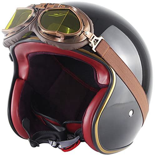 Jethelme für Erwachsene Motorrad Retro 3/4 Moped Cruiser Scooter Street Halbhelm mit Schutzbrille Schnellschnallenhelm für Männer und Frauen ECE/DOT-geprüft,Gloss Black,XL