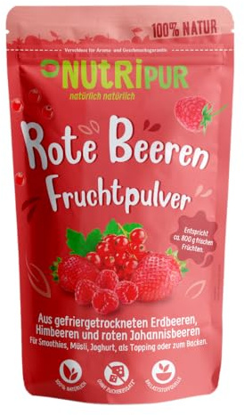 Rote Beeren Pulver: 100g Himbeeren, Johannisbeeren und Erdbeeren gefriergetrocknet und fein gemahlen – Getrocknete Früchte ohne Zucker Zusatz – Smoothie Bowl, Smoothie Pulver – Topping von NutriPur