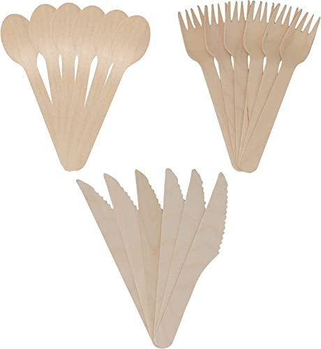 Meown Disposable Wooden Cutlery Set - Biodegradable Wooden Fork, Spoon, Knife, & Chip Fork - Compostable, & Plastic Free - for Wedding, Picnic, Parties (Wooden Spoon 100pcs, Fork 100pcs, Knife 100pcs)
