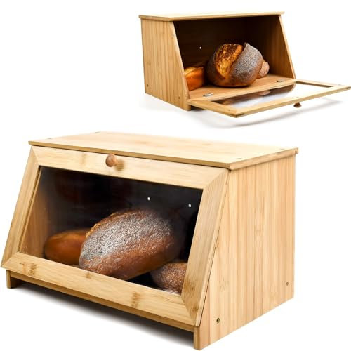 Maison Des Cadeaux Natural Bamboo Wood Bread Bin - Kitchen Counter Top Storage Box - Acrylic Front Window Lid