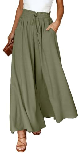 Dokotoo Sommerhose Damen Leicht Palazzo Hose Elegant Sommer High Waist Baggy Leinenhose Freizeithose Baumwolle Leinen Weite Hosen mit Taschen Kordelzug Elastisch Einfarbig Stoffhose Grün XL