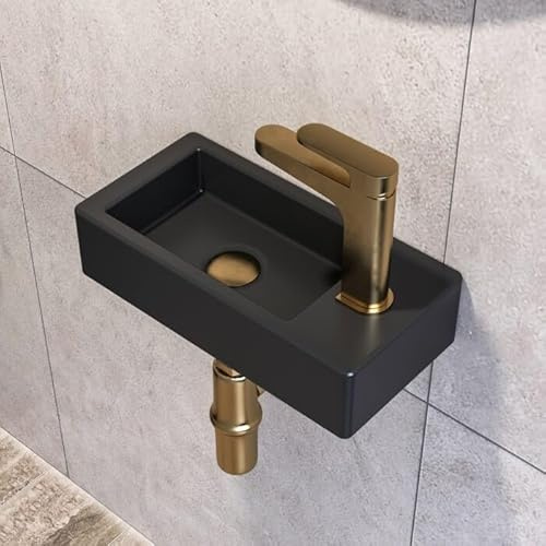 DeerValley DV-1V0091R Liberty Wall Mount Sink, Rectangle Mini Vessel Sink,Small Bathroom Cloakroom Black Porcelain Ceramic Wash Basin Right/Left Hand (Right Hand) (Right Hand)