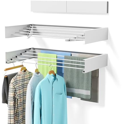 ZMBESUP Wall Mounted Clothes Drying Rack, 31.5 Foldable Collapsible Laundry Rack, Heavy Duty 60 lb Capacity Hidden Space Saver, Includes Wall Template for Laundry Room Indoor Outdoor Balcony (White)