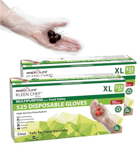KLEEN CHEF Lot de 1050 gants jetables en plastique transparent XL pour la préparation des aliments, la cuisine, le nettoyage, la manipulation des aliments