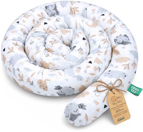 Totsy Baby Cojín Serpiente XXL Almohada de Cama Cojín de Lactancia Rollo de Cama Protector de Borde de Cama Cojín Decorativo Alrededor de Cama Serpiente XL Gris Claro con búhos 300 cm Oeko-Tex