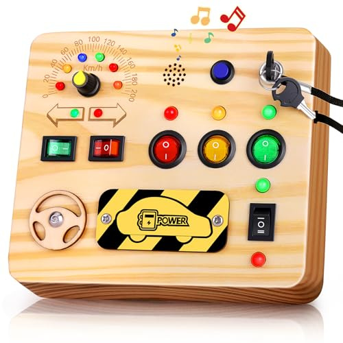 OAKJAR Montessori Busy Board Spielzeug ab 1 2 3 Jahr, Activity Board Holzspielzeug mit 9 Schaltern, 13 LED-Lichtern und Kleinkindermusik Motorikspielzeug für Babys Kleinkinder Jungen Mädchen (Auto)